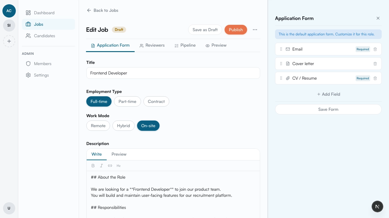 Job edit page with Application Form panel open on the right