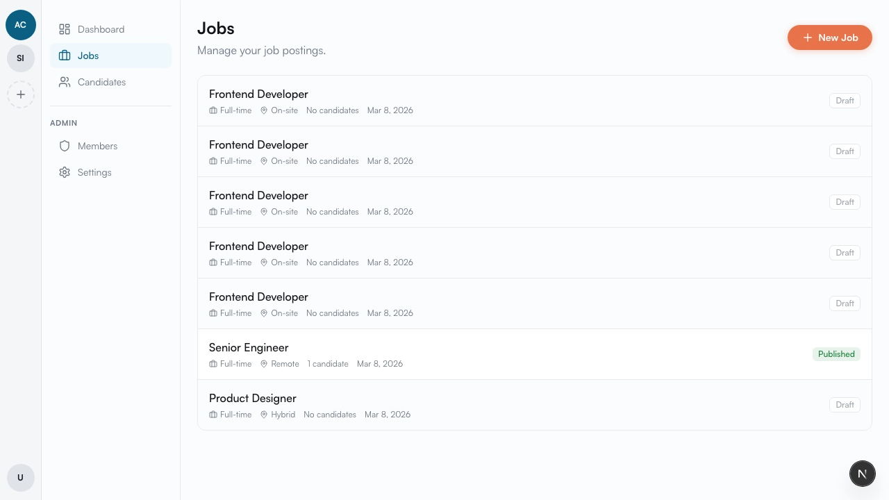 Jobs list page showing the New Job button