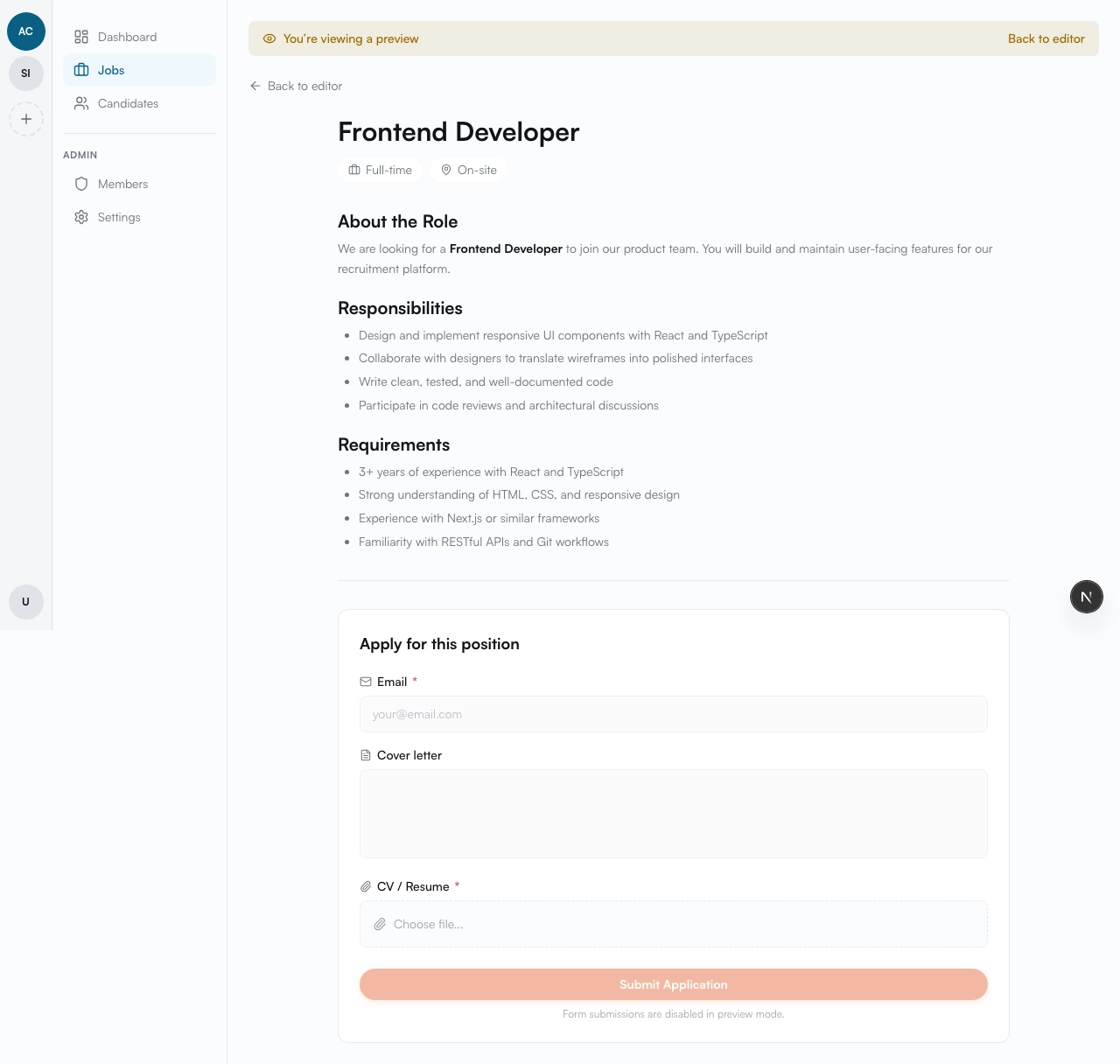 Preview of the job page as seen by organization members
