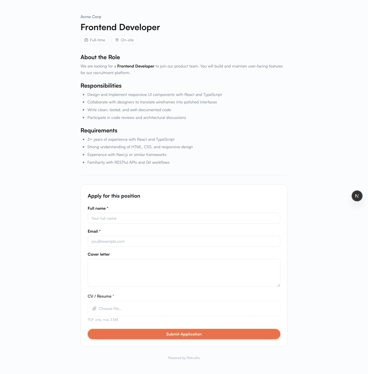 Public job page as seen by candidates with the application form